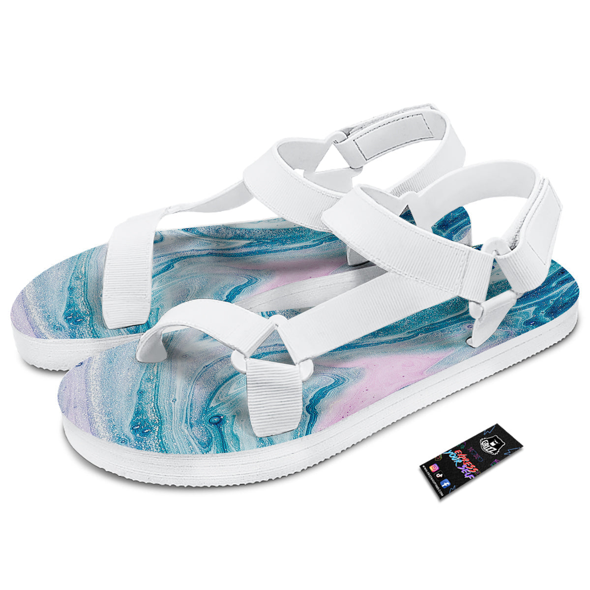Abstract Ocean Marble Pink Blue Print White Open Toe Sandals-grizzshop