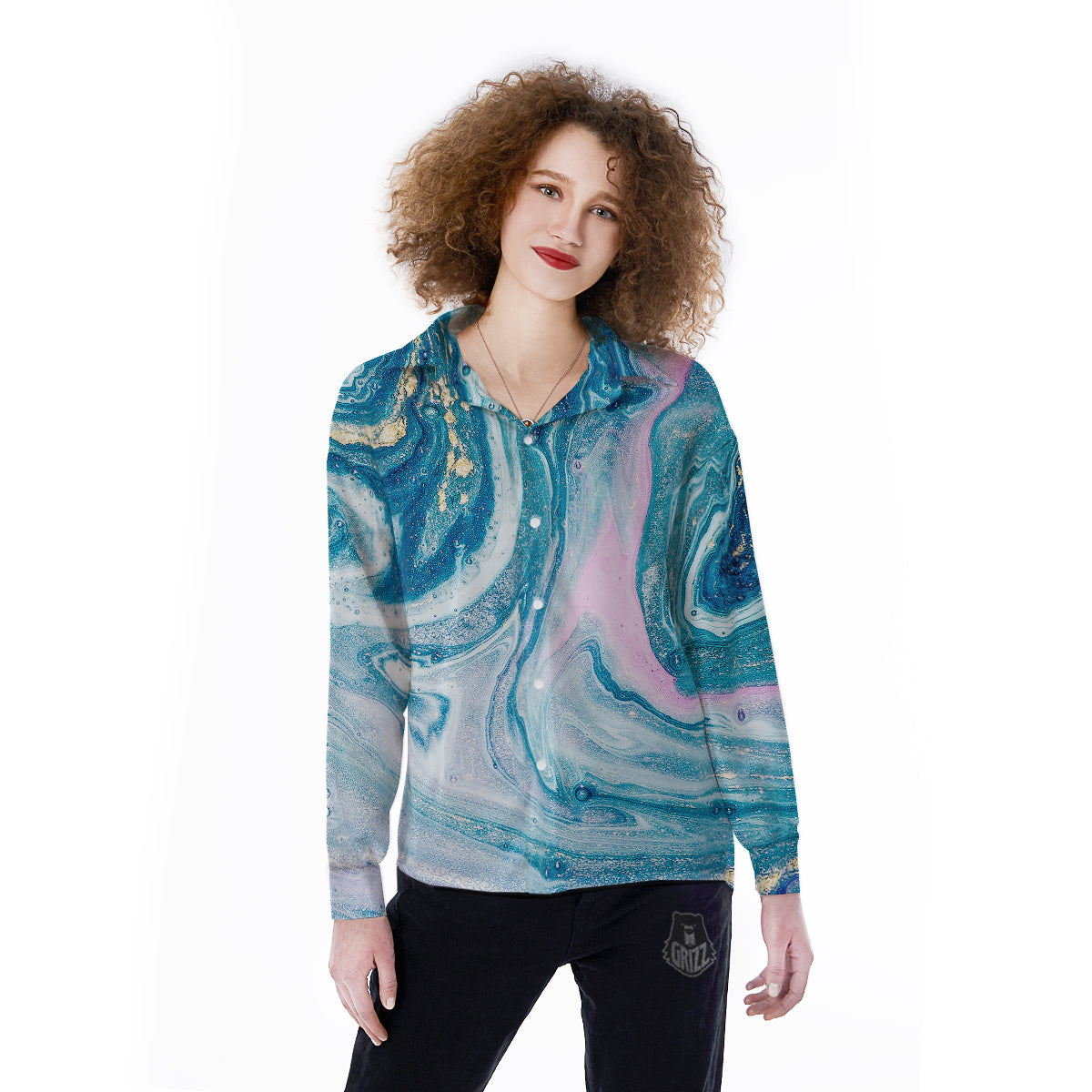 Abstract Ocean Marble Pink Blue Print Women's Long Sleeve Shirts-grizzshop