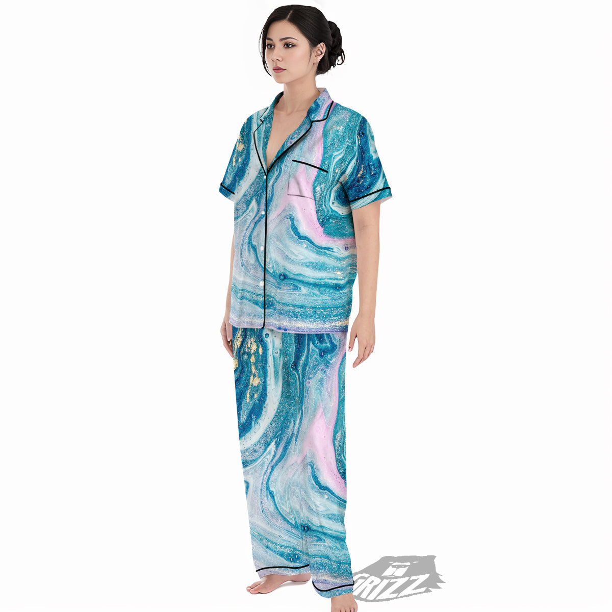 Abstract Ocean Marble Pink Blue Print Women's Pajamas Set-grizzshop