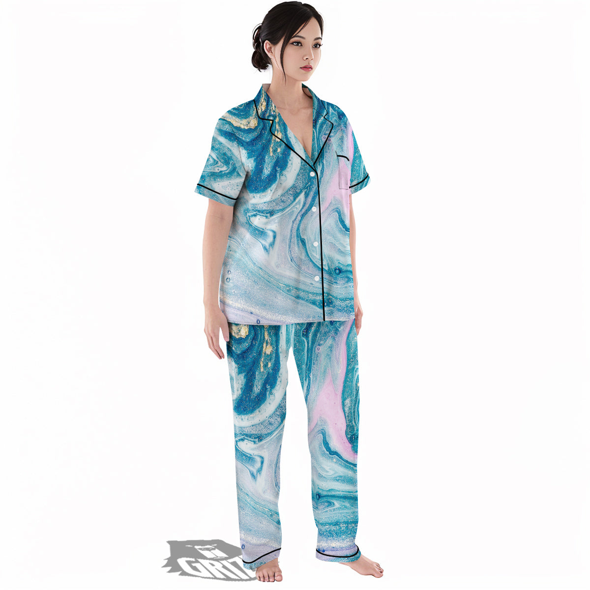 Abstract Ocean Marble Pink Blue Print Women's Pajamas Set-grizzshop