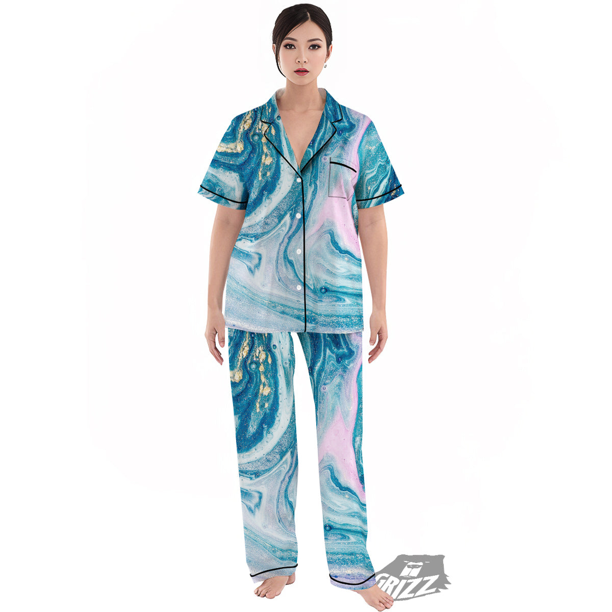 Abstract Ocean Marble Pink Blue Print Women's Pajamas Set-grizzshop
