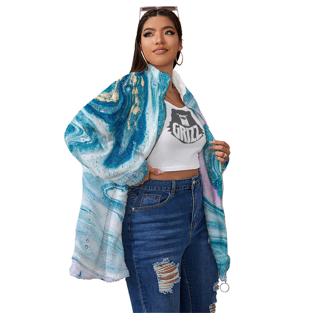 Abstract Ocean Marble Pink Blue Print Women's Sherpa Jacket-grizzshop