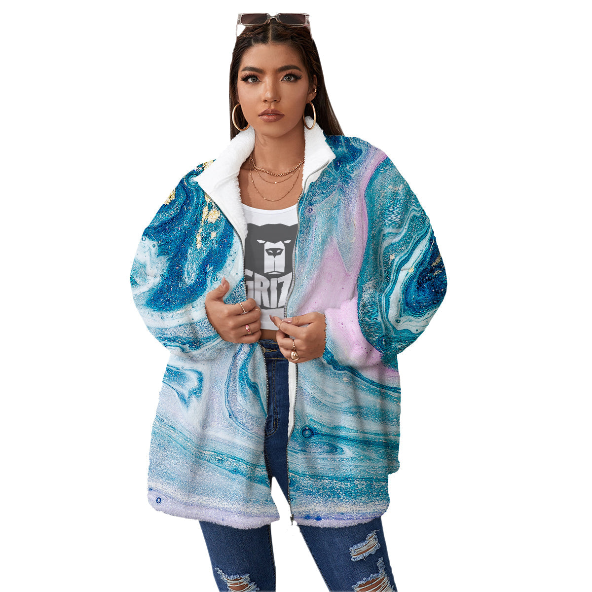 Abstract Ocean Marble Pink Blue Print Women's Sherpa Jacket-grizzshop