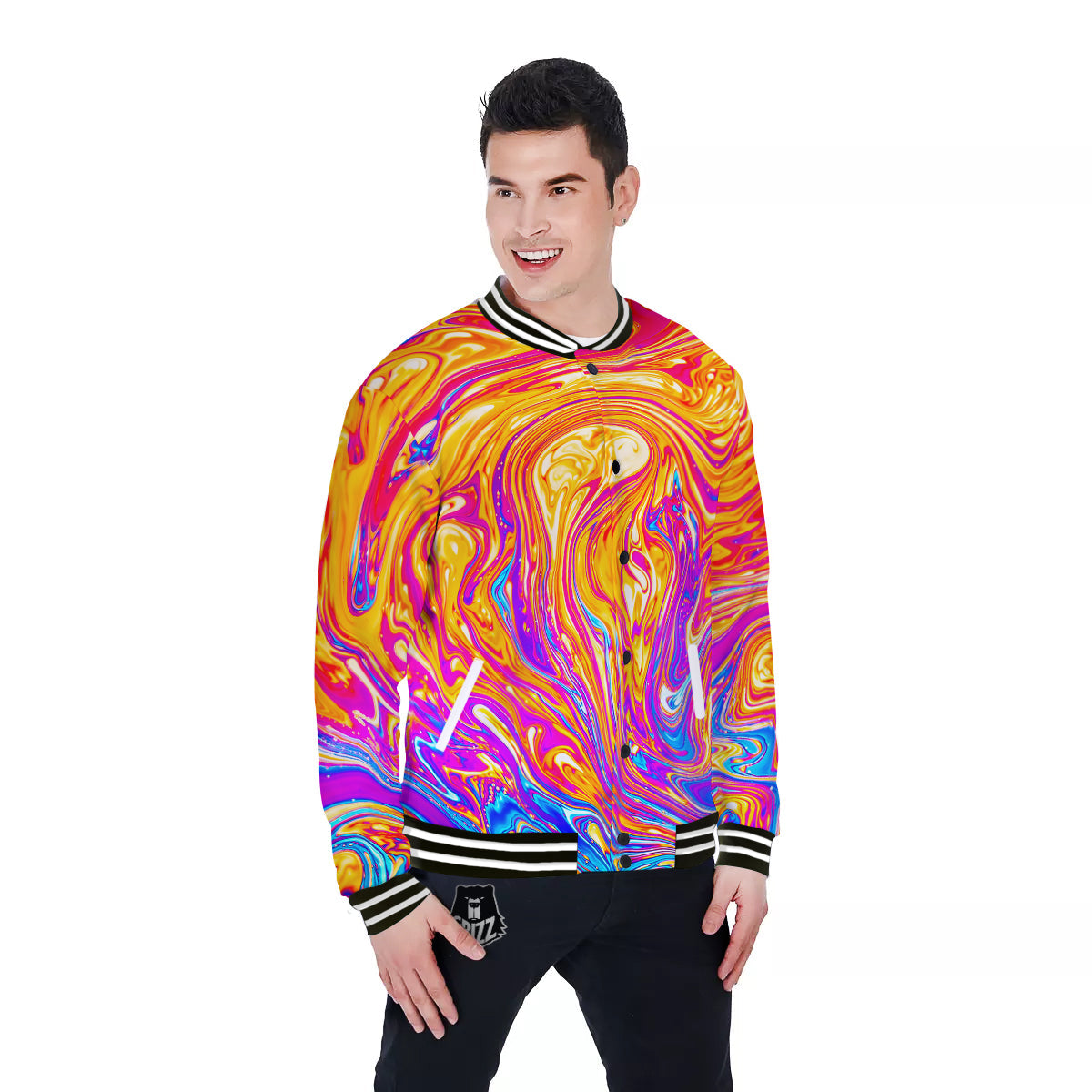Abstract Orange Psychedelic Print Baseball Jacket-grizzshop