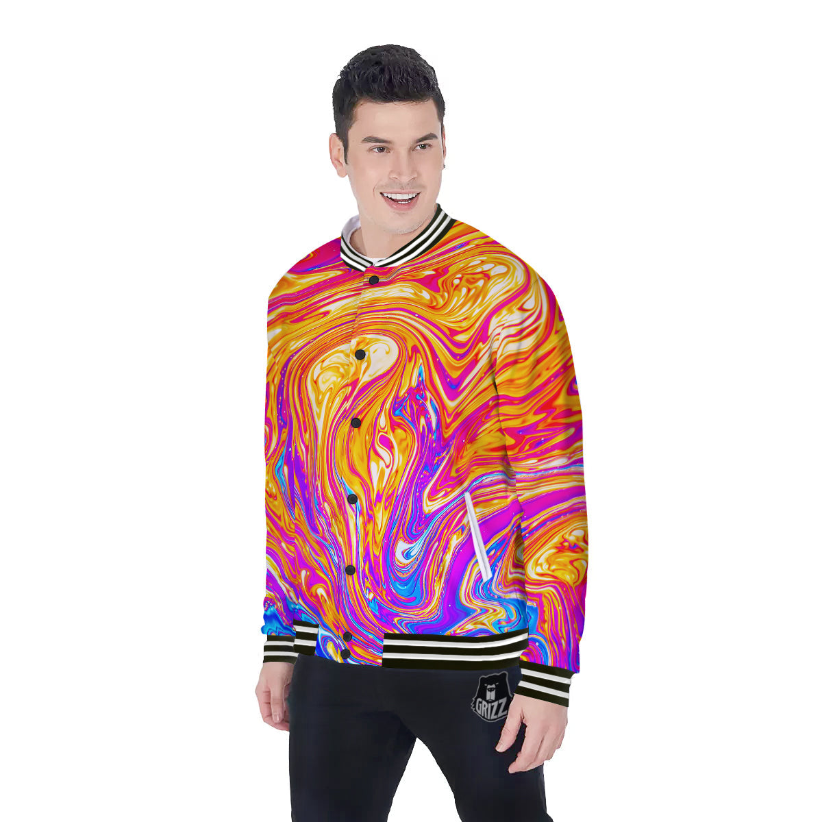 Abstract Orange Psychedelic Print Baseball Jacket-grizzshop