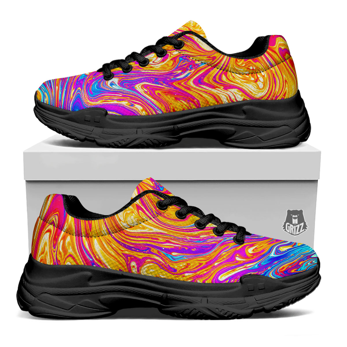 Abstract Orange Psychedelic Print Black Chunky Shoes-grizzshop