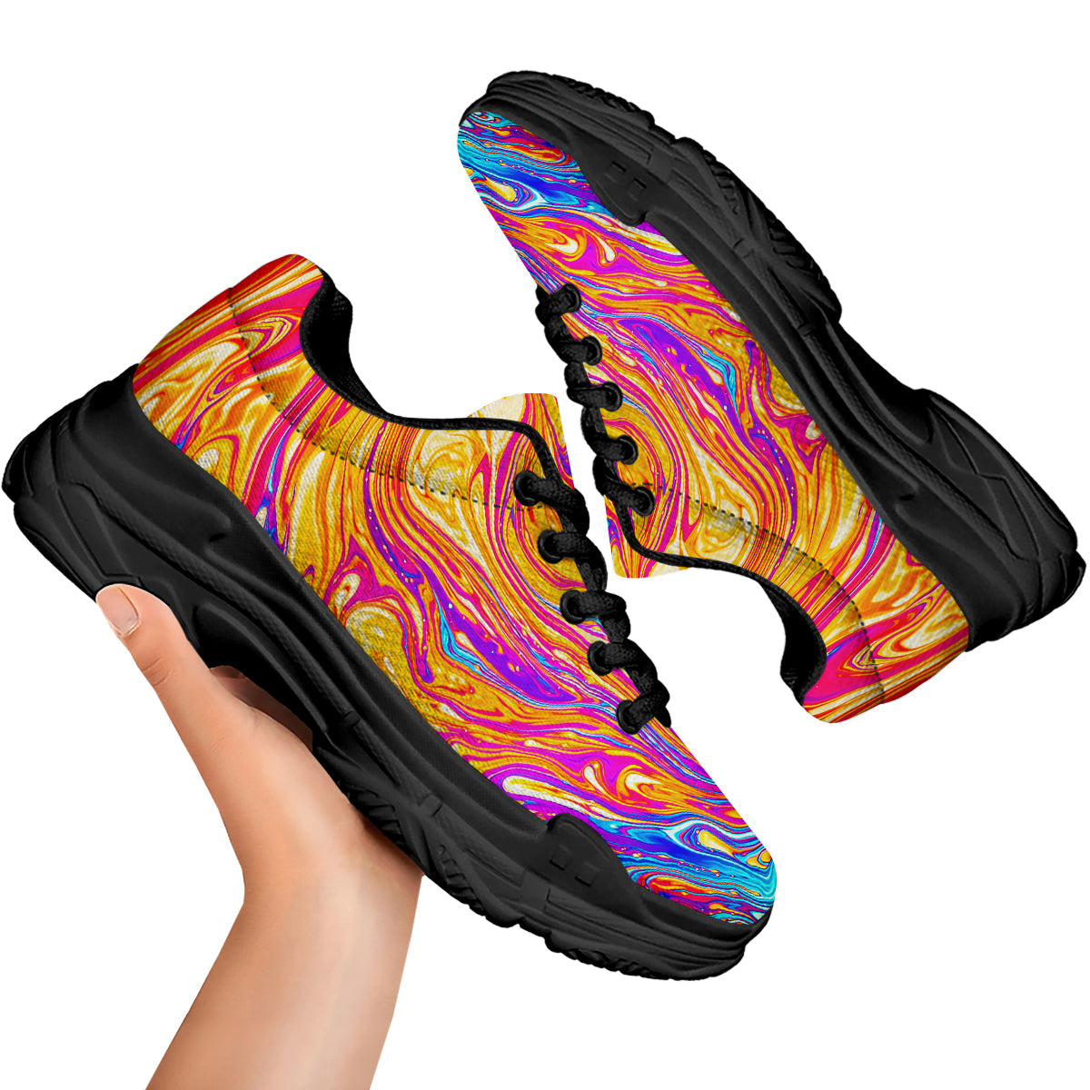 Abstract Orange Psychedelic Print Black Chunky Shoes-grizzshop