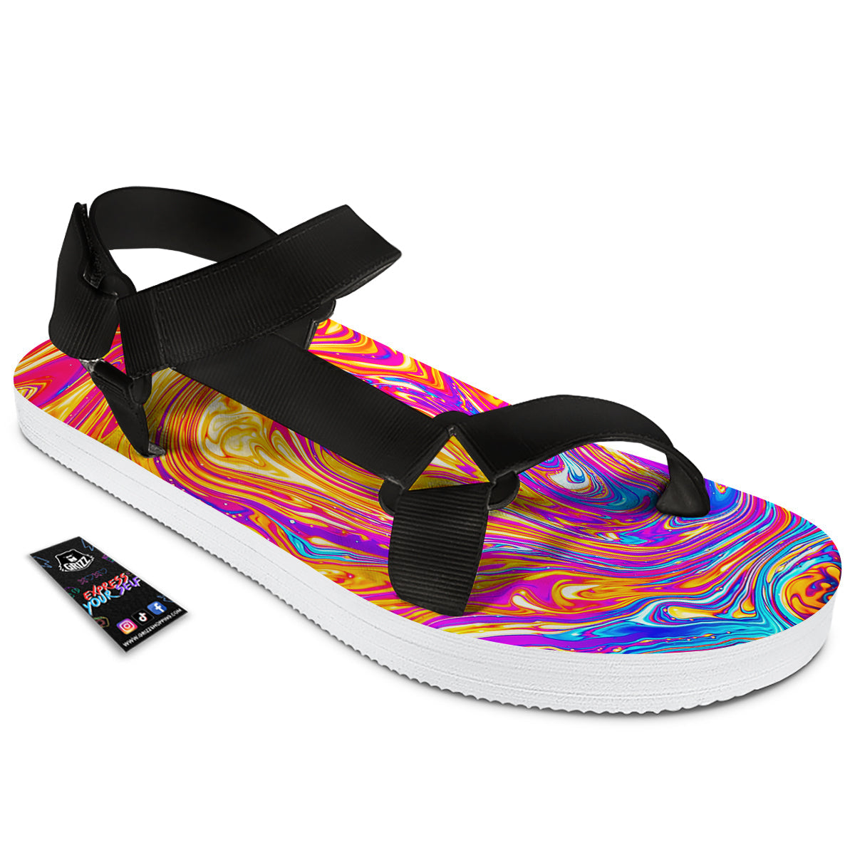 Abstract Orange Psychedelic Print Black Open Toe Sandals-grizzshop
