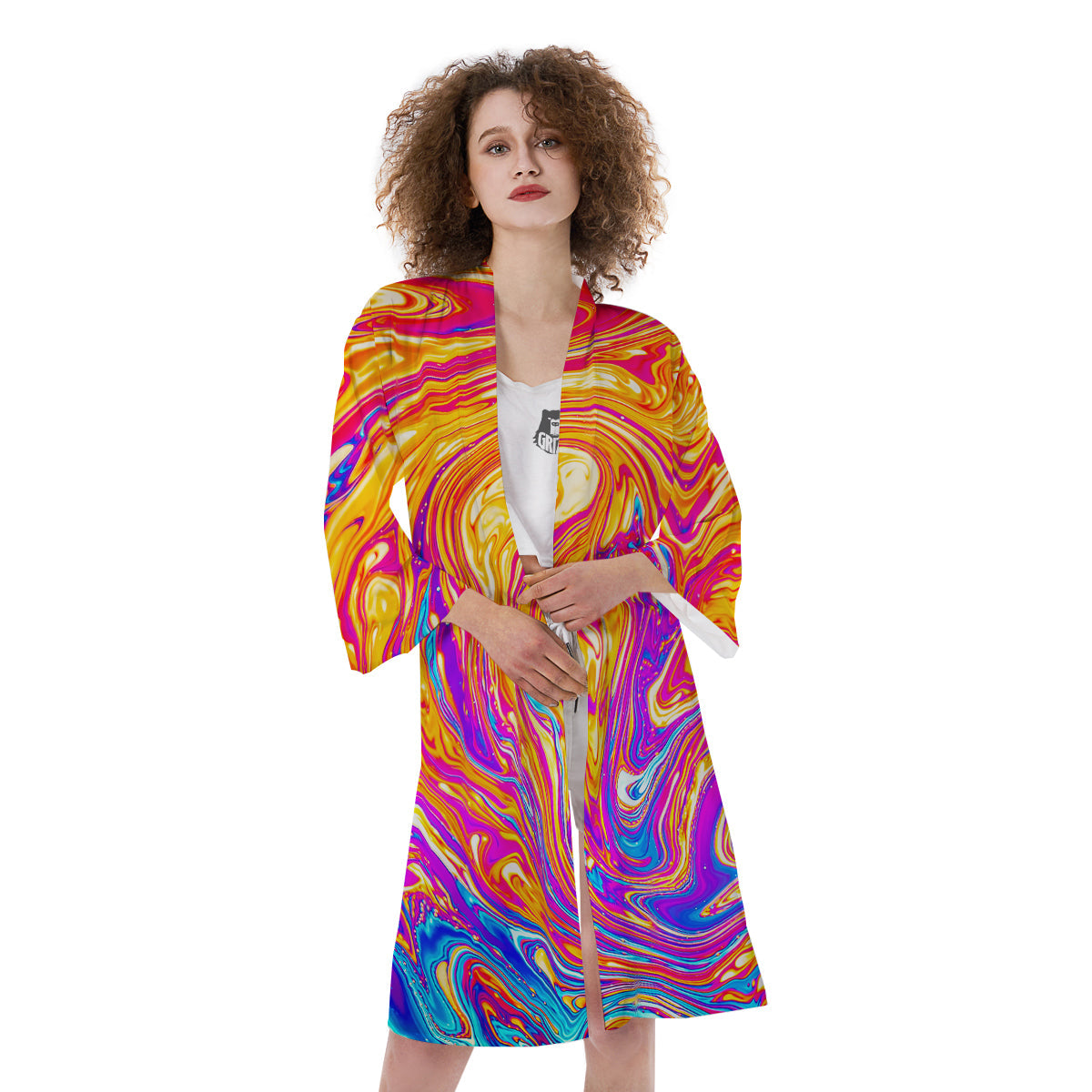 Abstract Orange Psychedelic Print Kimono-grizzshop