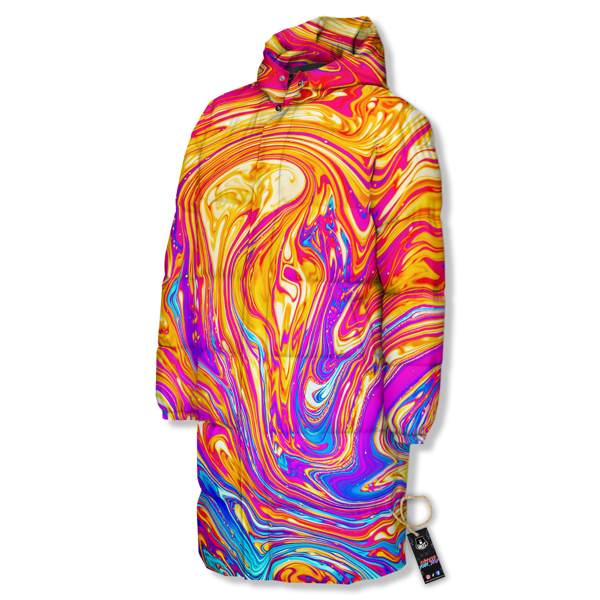 Abstract Orange Psychedelic Print Long Down Jacket-grizzshop