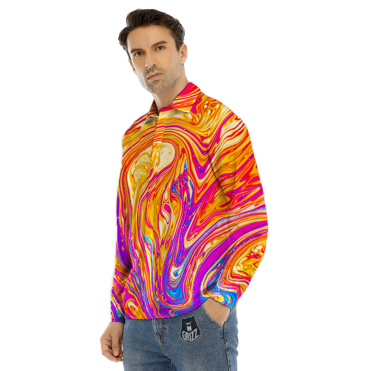 Abstract Orange Psychedelic Print Men's Dress Shirts-grizzshop