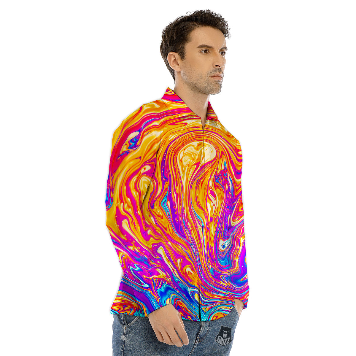 Abstract Orange Psychedelic Print Men's Dress Shirts-grizzshop