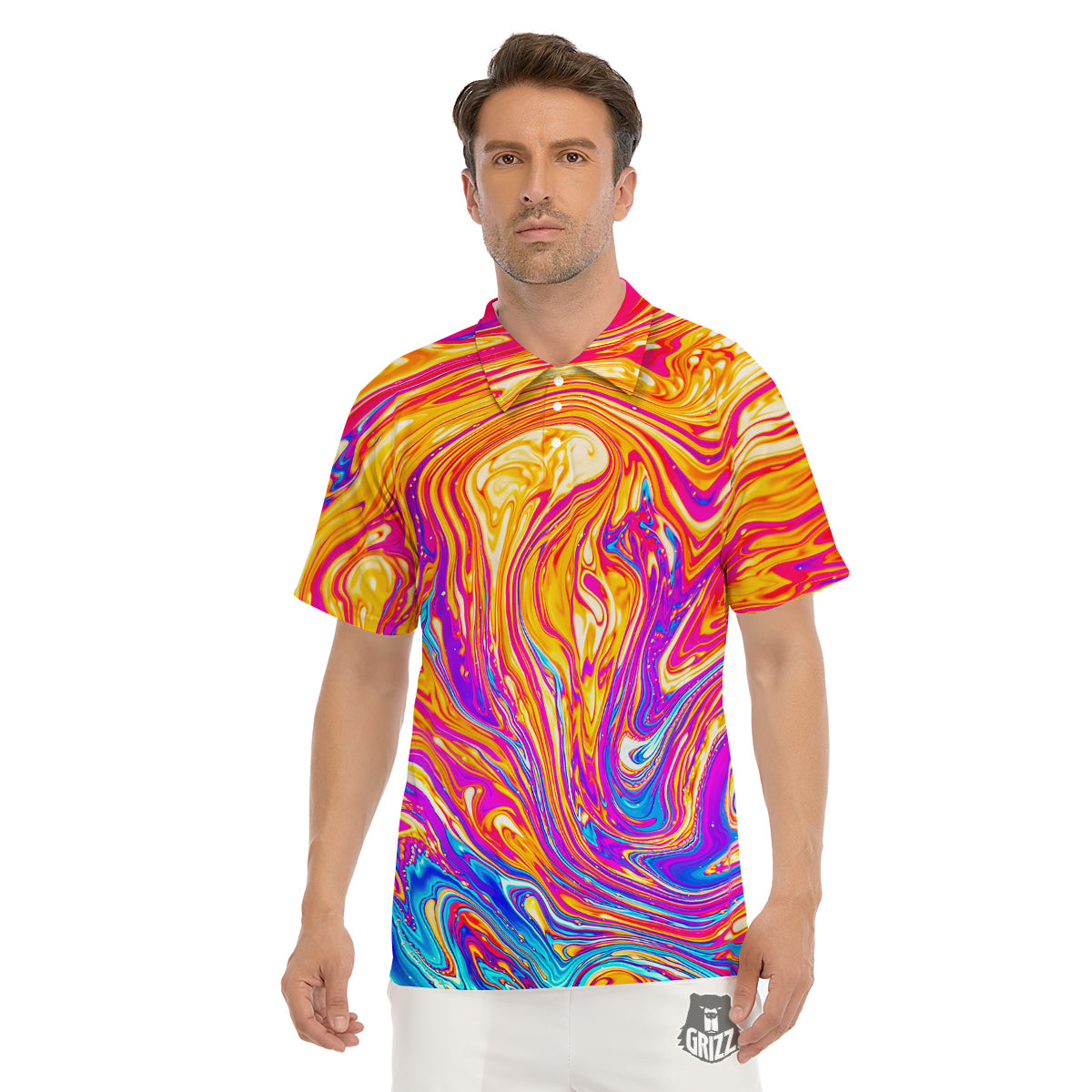 Abstract Orange Psychedelic Print Men's Golf Shirts-grizzshop