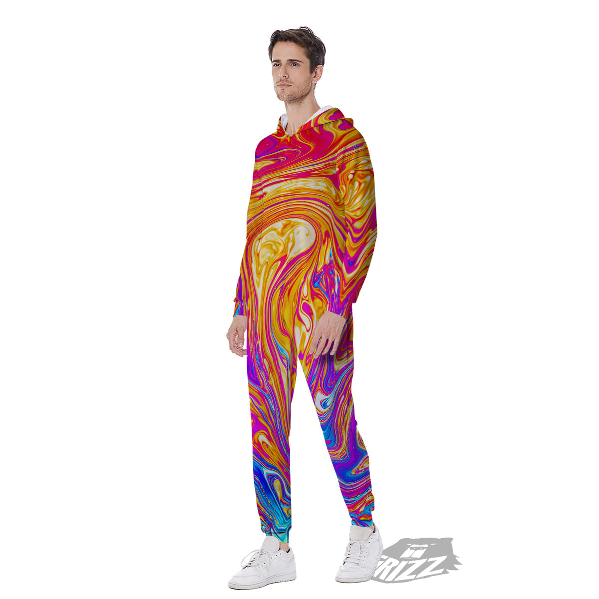 Abstract Orange Psychedelic Print Men's Jumpsuit-grizzshop