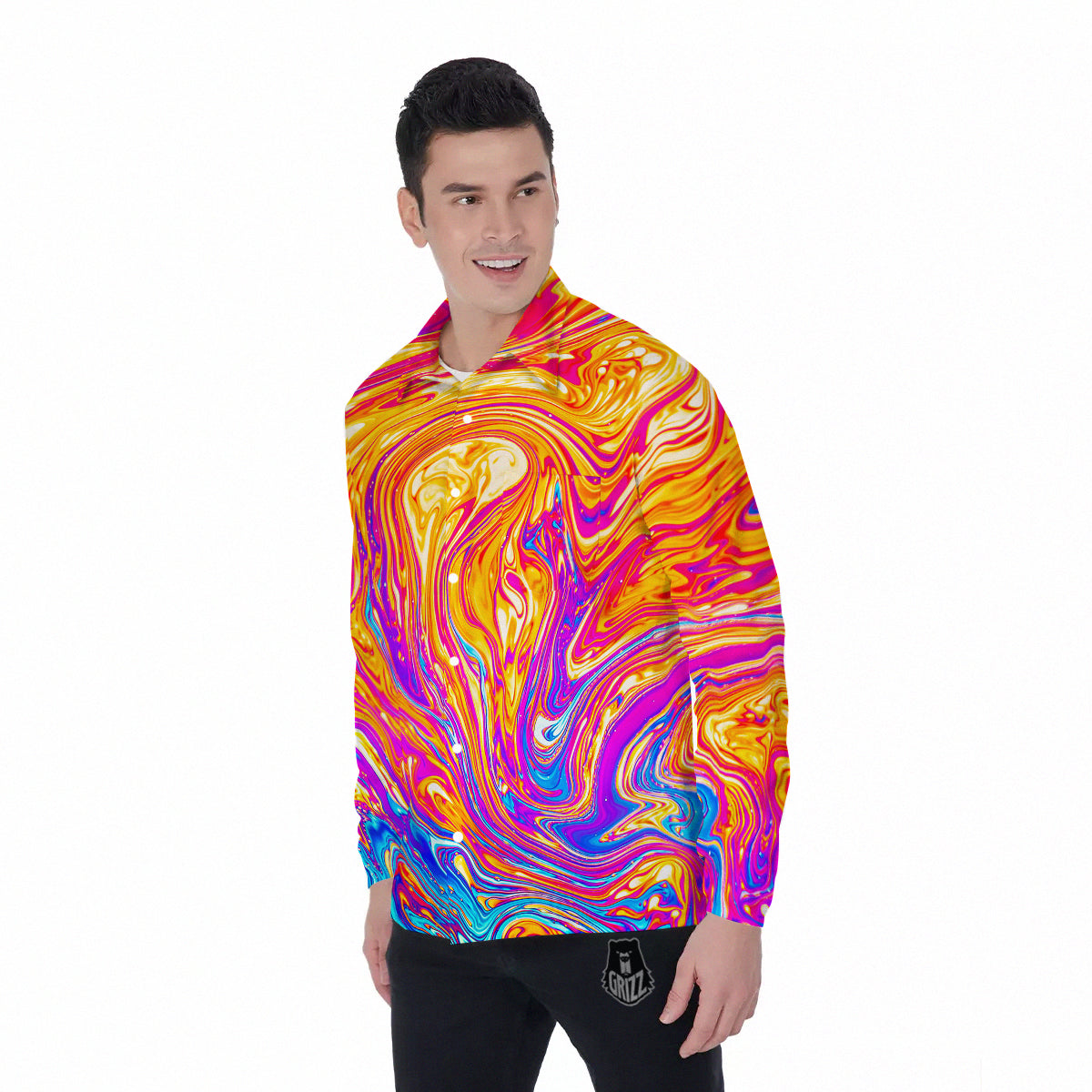 Abstract Orange Psychedelic Print Men's Long Sleeve Shirts-grizzshop
