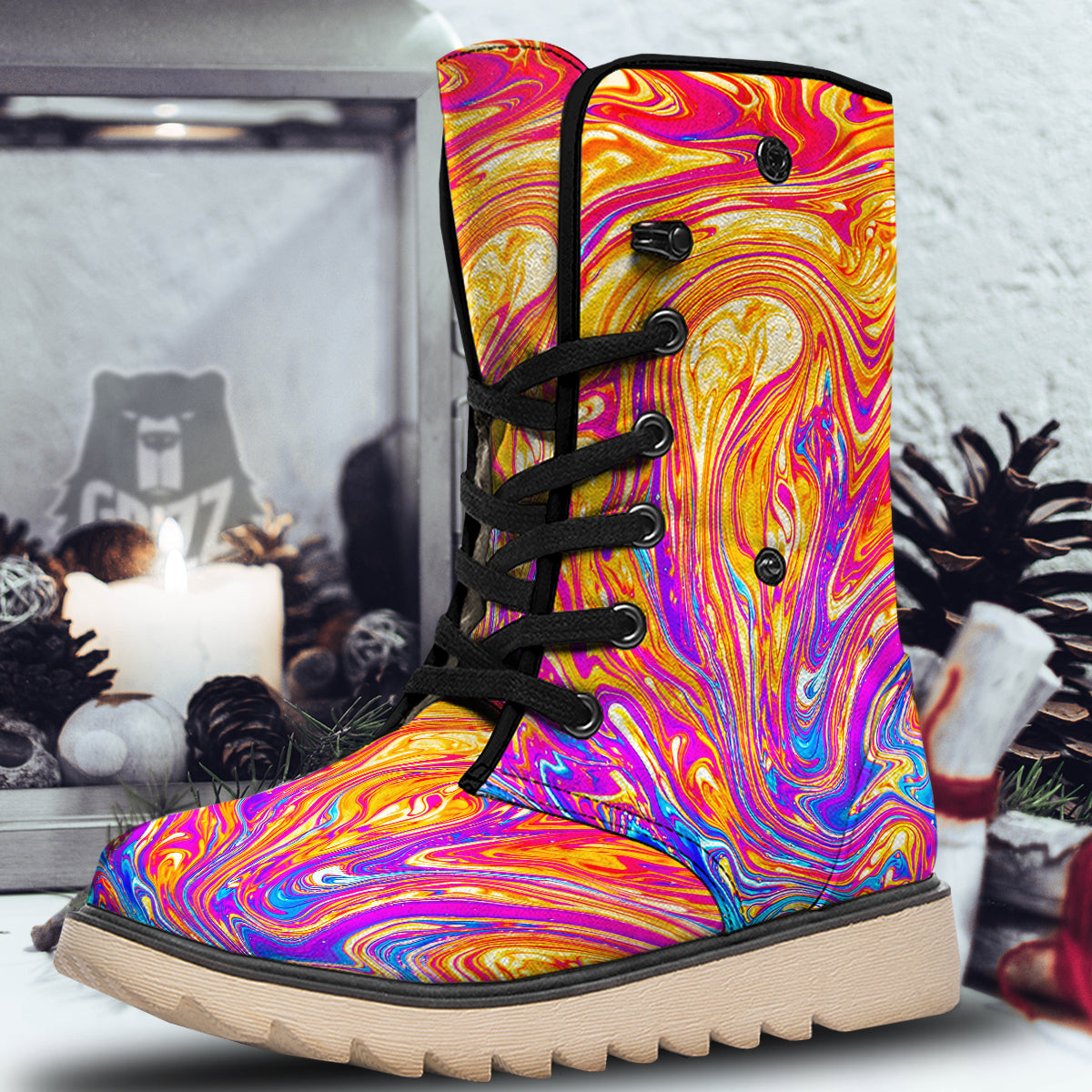 Abstract Orange Psychedelic Print Snow Boots-grizzshop