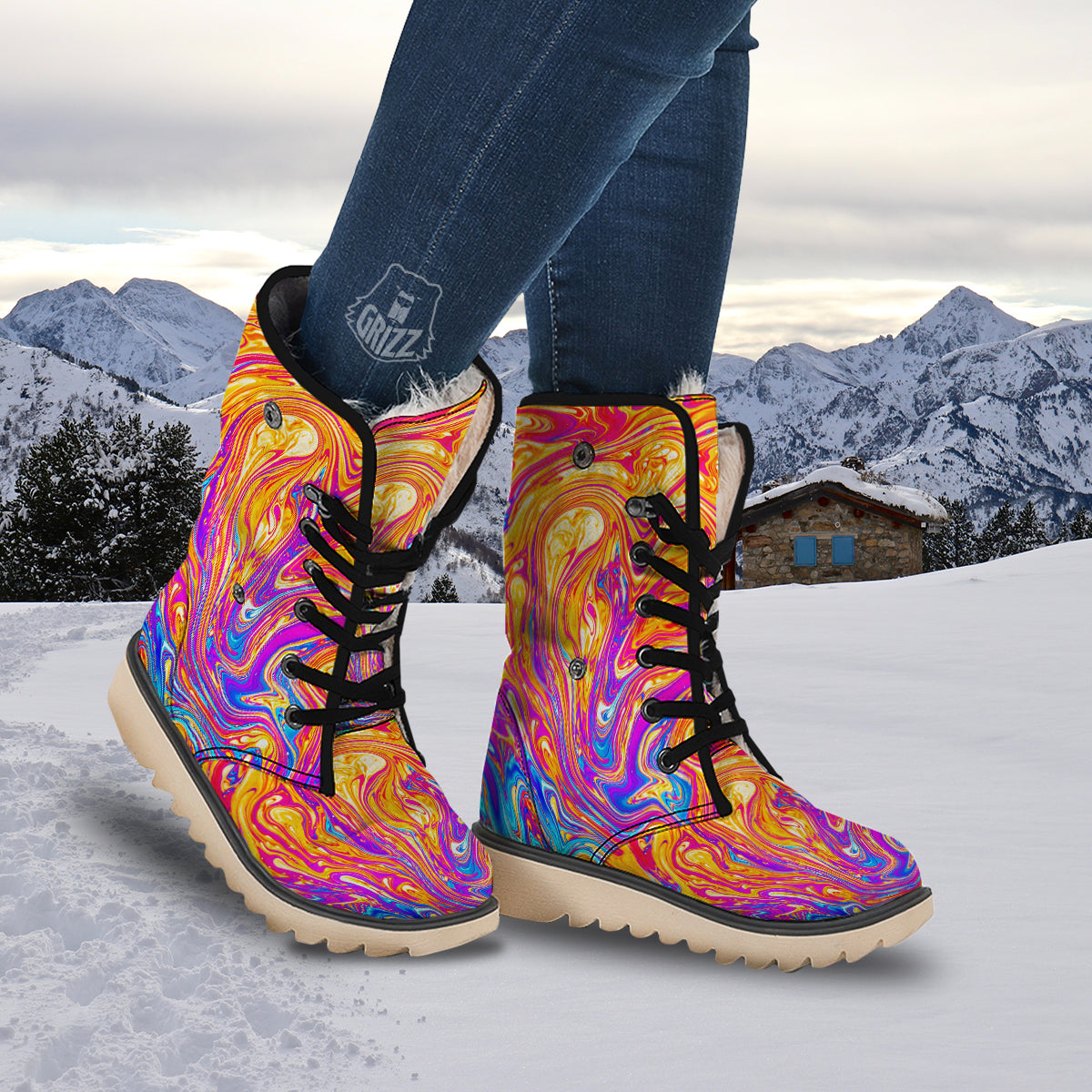 Abstract Orange Psychedelic Print Snow Boots-grizzshop