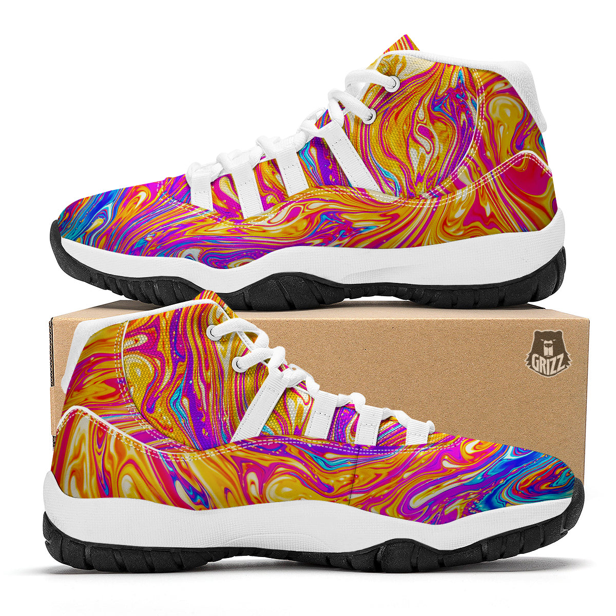 Abstract Orange Psychedelic Print White Bball Shoes-grizzshop