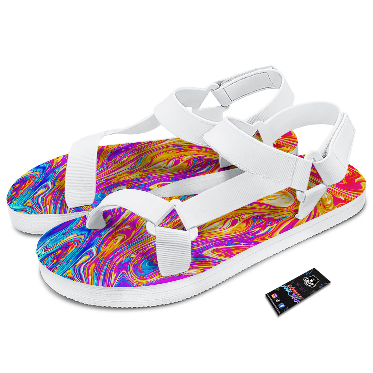 Abstract Orange Psychedelic Print White Open Toe Sandals-grizzshop