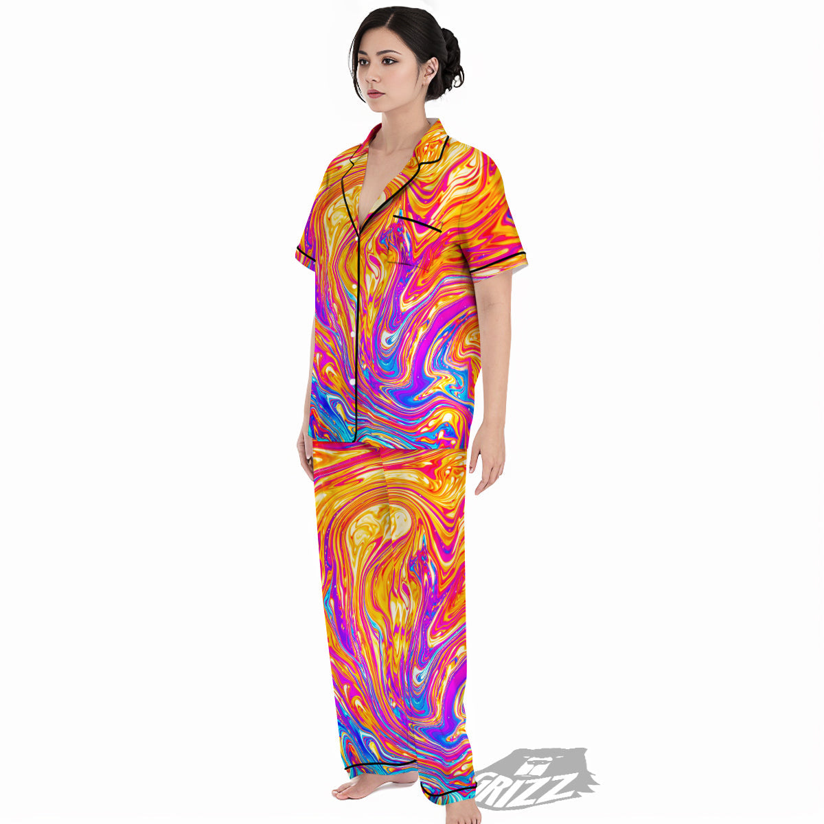 Abstract Orange Psychedelic Print Women's Pajamas Set-grizzshop