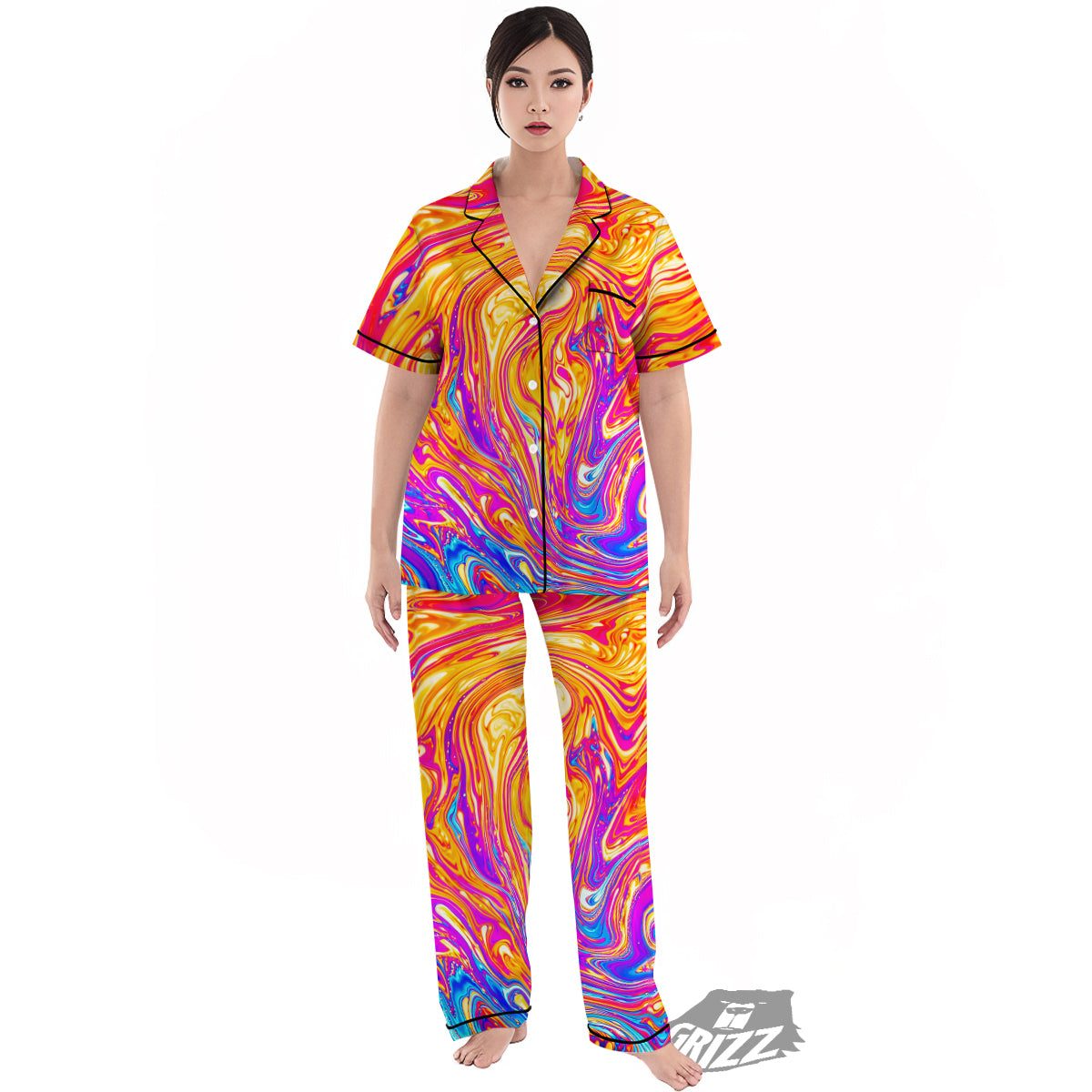 Abstract Orange Psychedelic Print Women's Pajamas Set-grizzshop