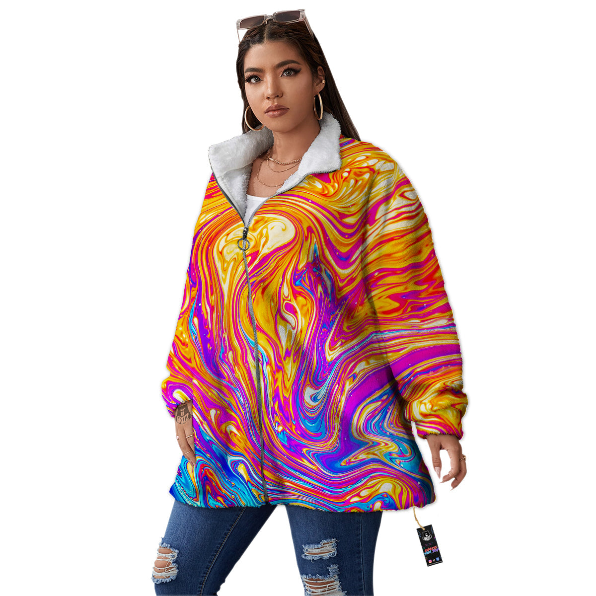 Abstract Orange Psychedelic Print Women's Sherpa Jacket-grizzshop