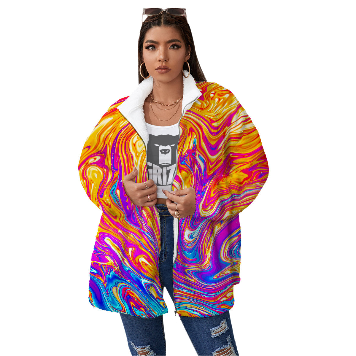 Abstract Orange Psychedelic Print Women's Sherpa Jacket-grizzshop
