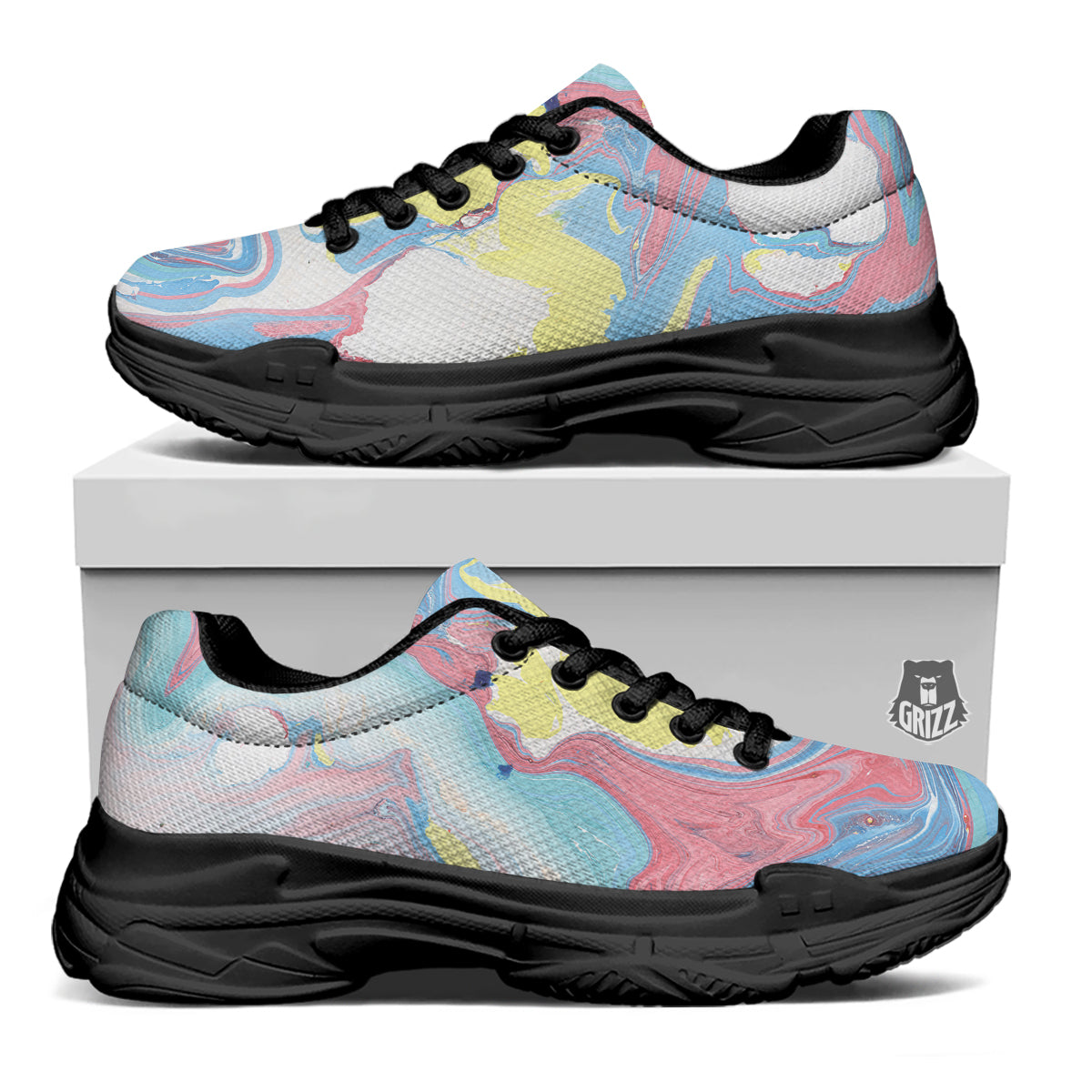 Abstract Pastel Texture Marble Print Black Chunky Shoes-grizzshop