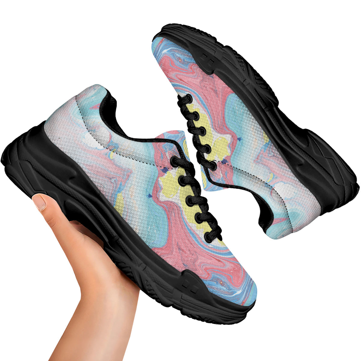 Abstract Pastel Texture Marble Print Black Chunky Shoes-grizzshop