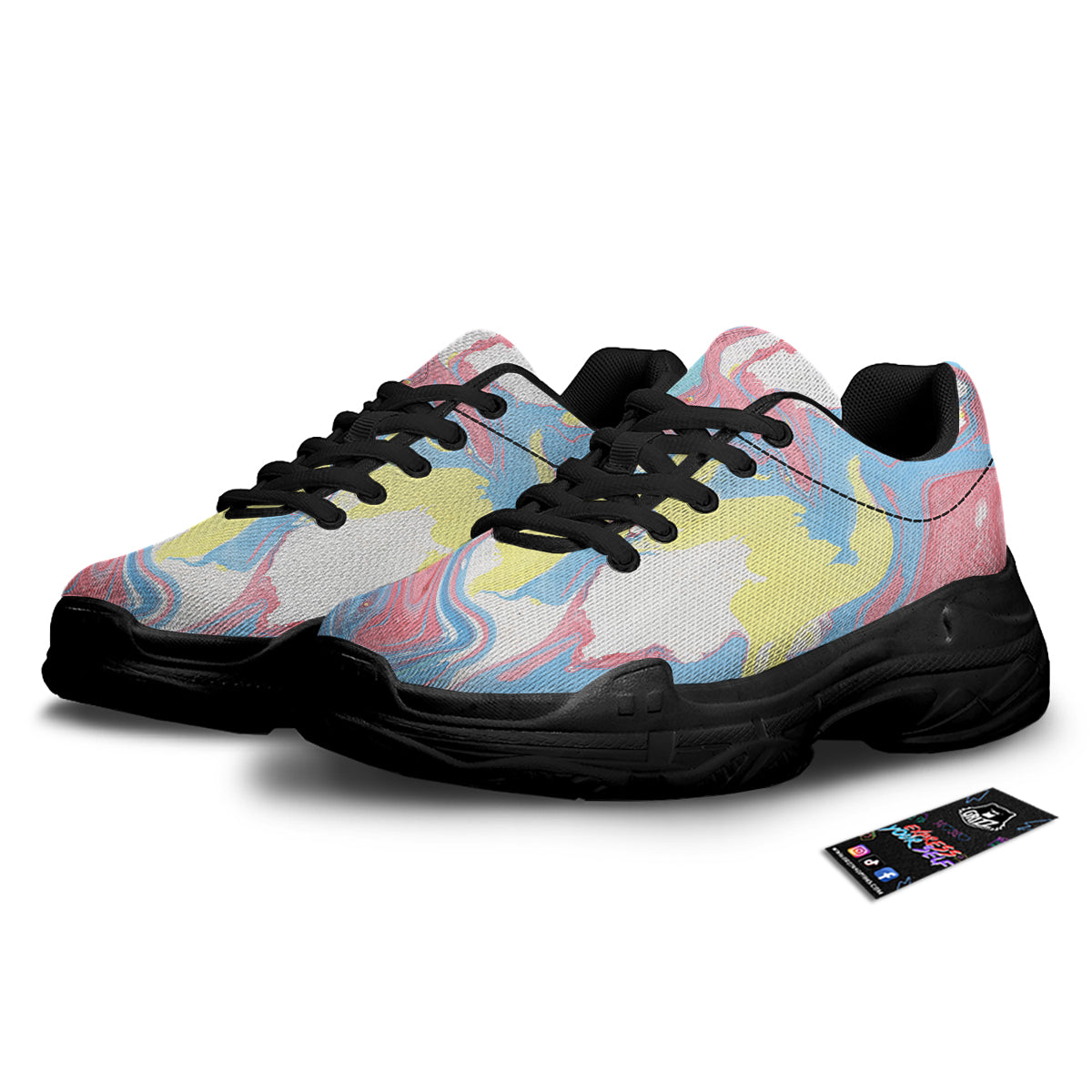 Abstract Pastel Texture Marble Print Black Chunky Shoes-grizzshop