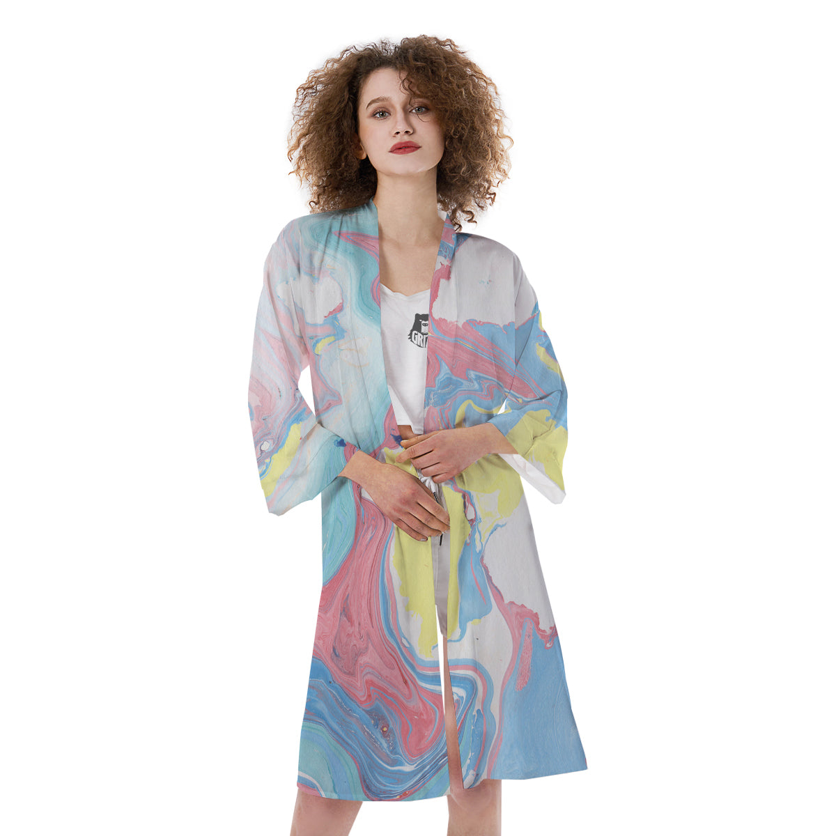 Abstract Pastel Texture Marble Print Kimono-grizzshop