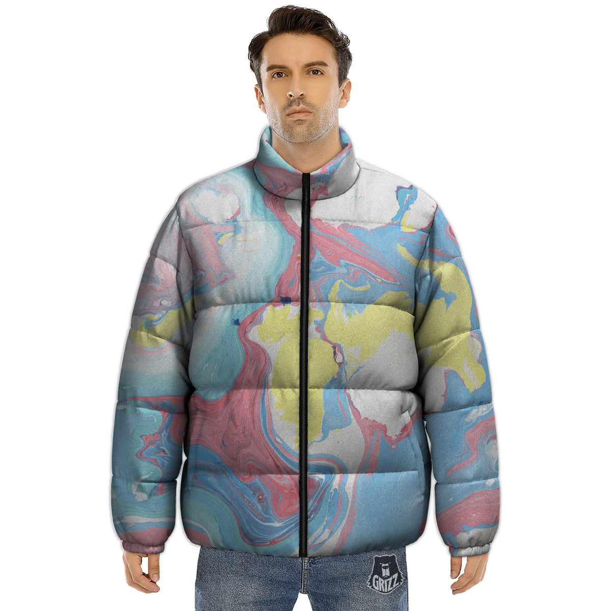 Abstract Pastel Texture Marble Print Puffer Jacket-grizzshop