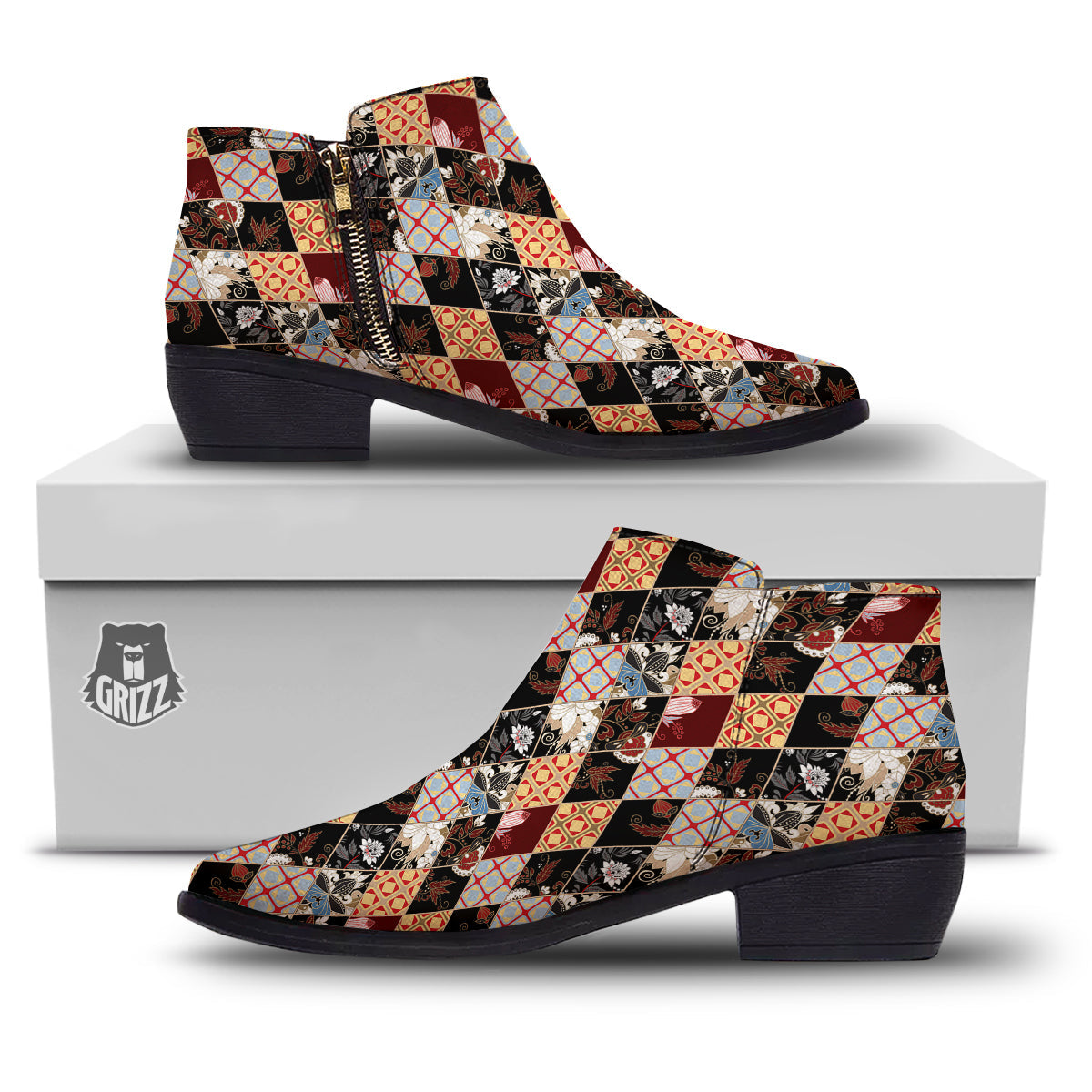 Abstract Patchwork Floral Print Pattern Ankle Boots-grizzshop