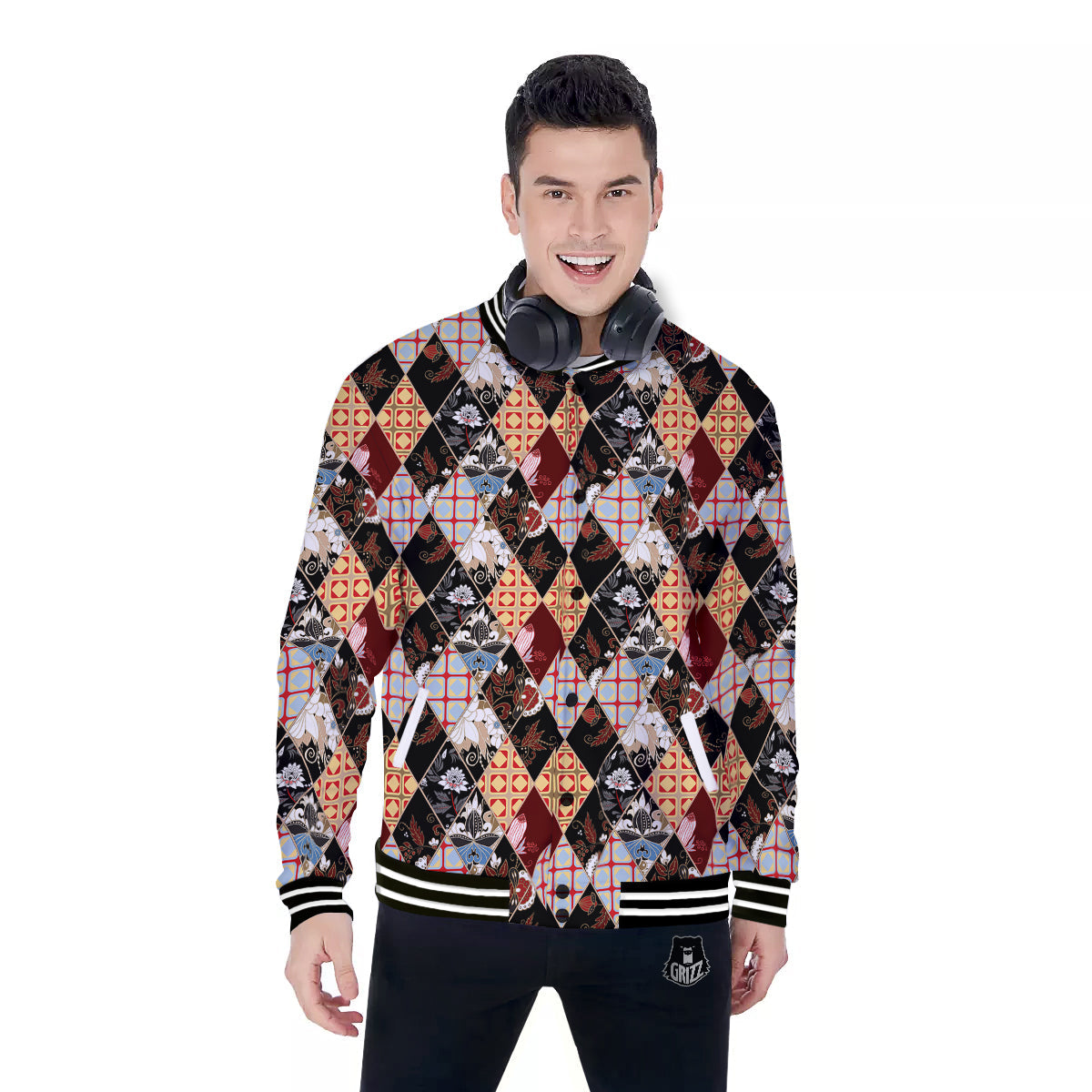 Abstract Patchwork Floral Print Pattern Baseball Jacket-grizzshop