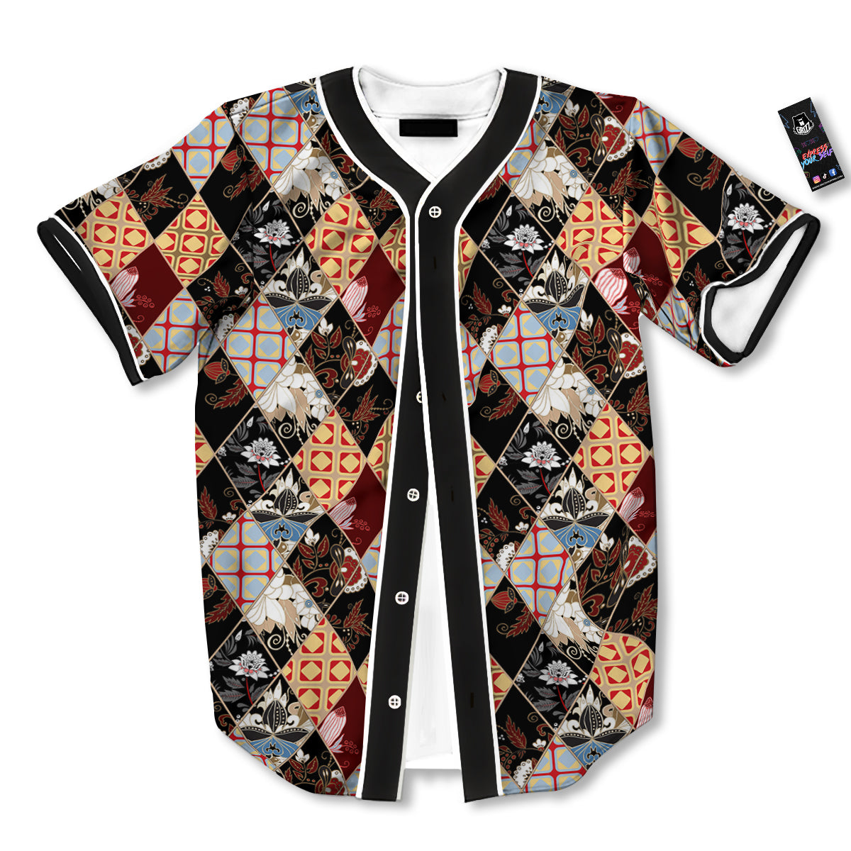Abstract Patchwork Floral Print Pattern Baseball Jersey-grizzshop