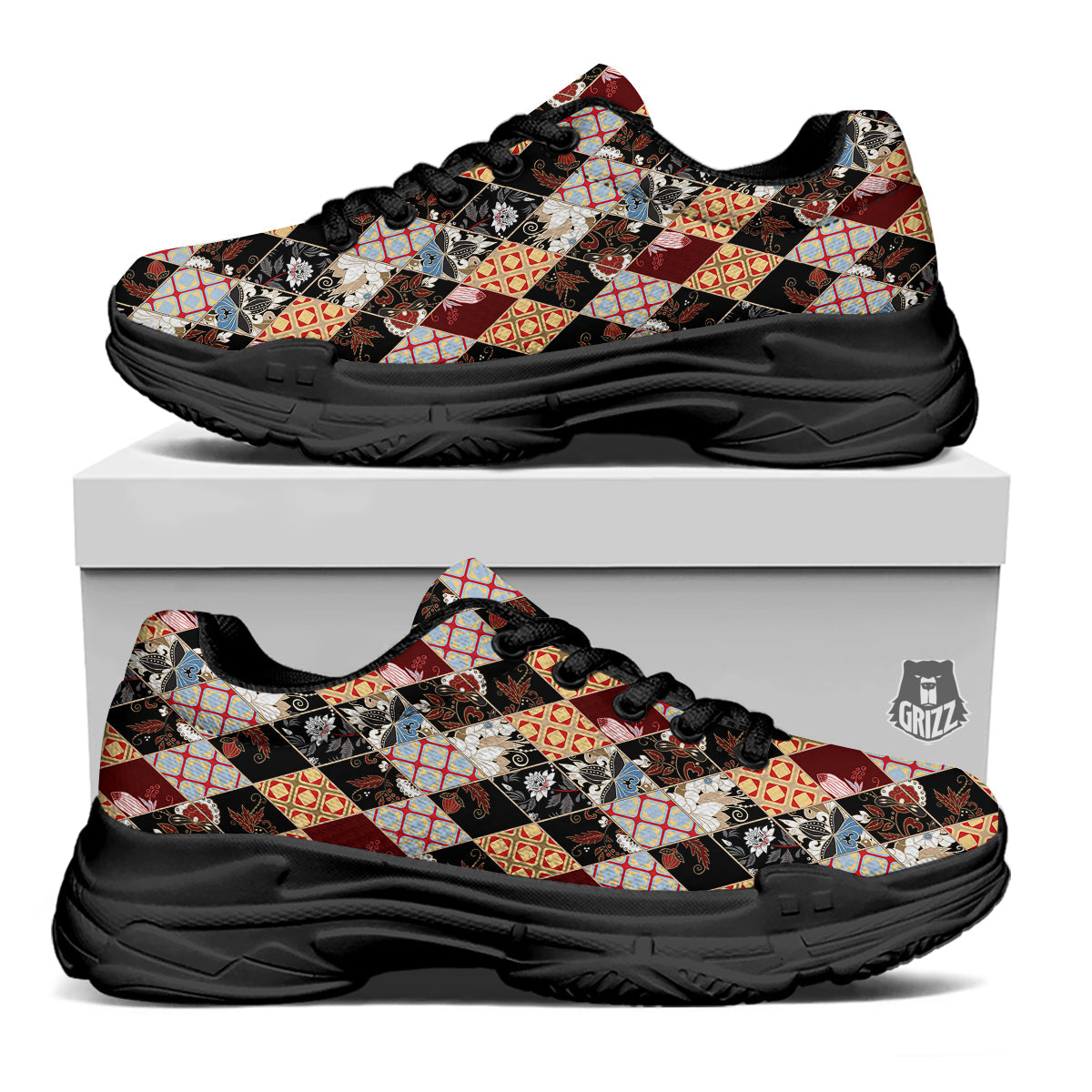 Abstract Patchwork Floral Print Pattern Black Chunky Shoes-grizzshop