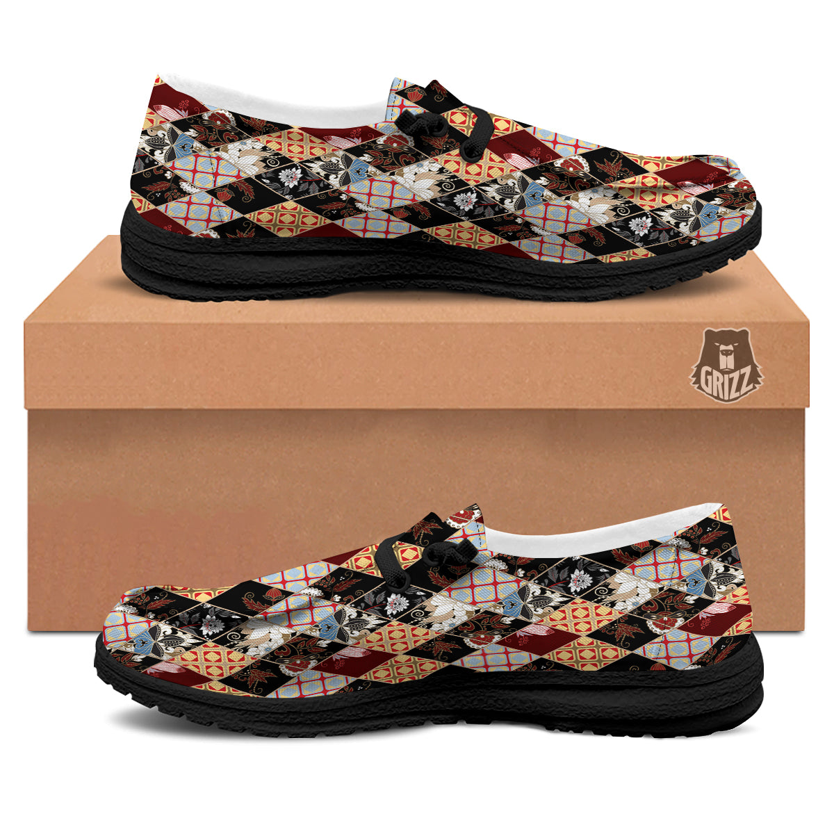 Abstract Patchwork Floral Print Pattern Black Loafers-grizzshop