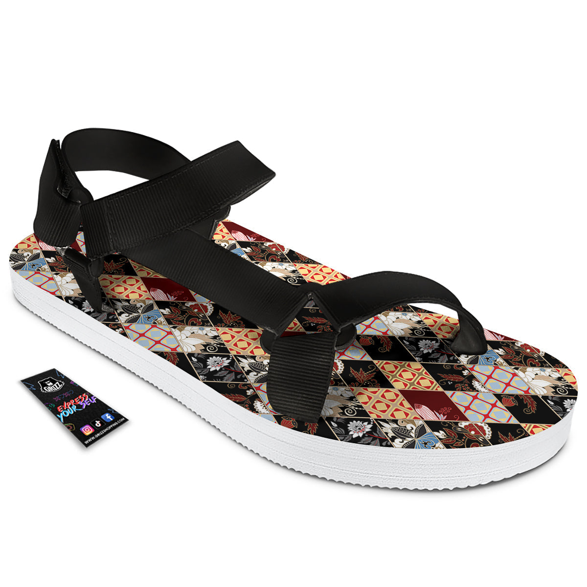 Abstract Patchwork Floral Print Pattern Black Open Toe Sandals-grizzshop