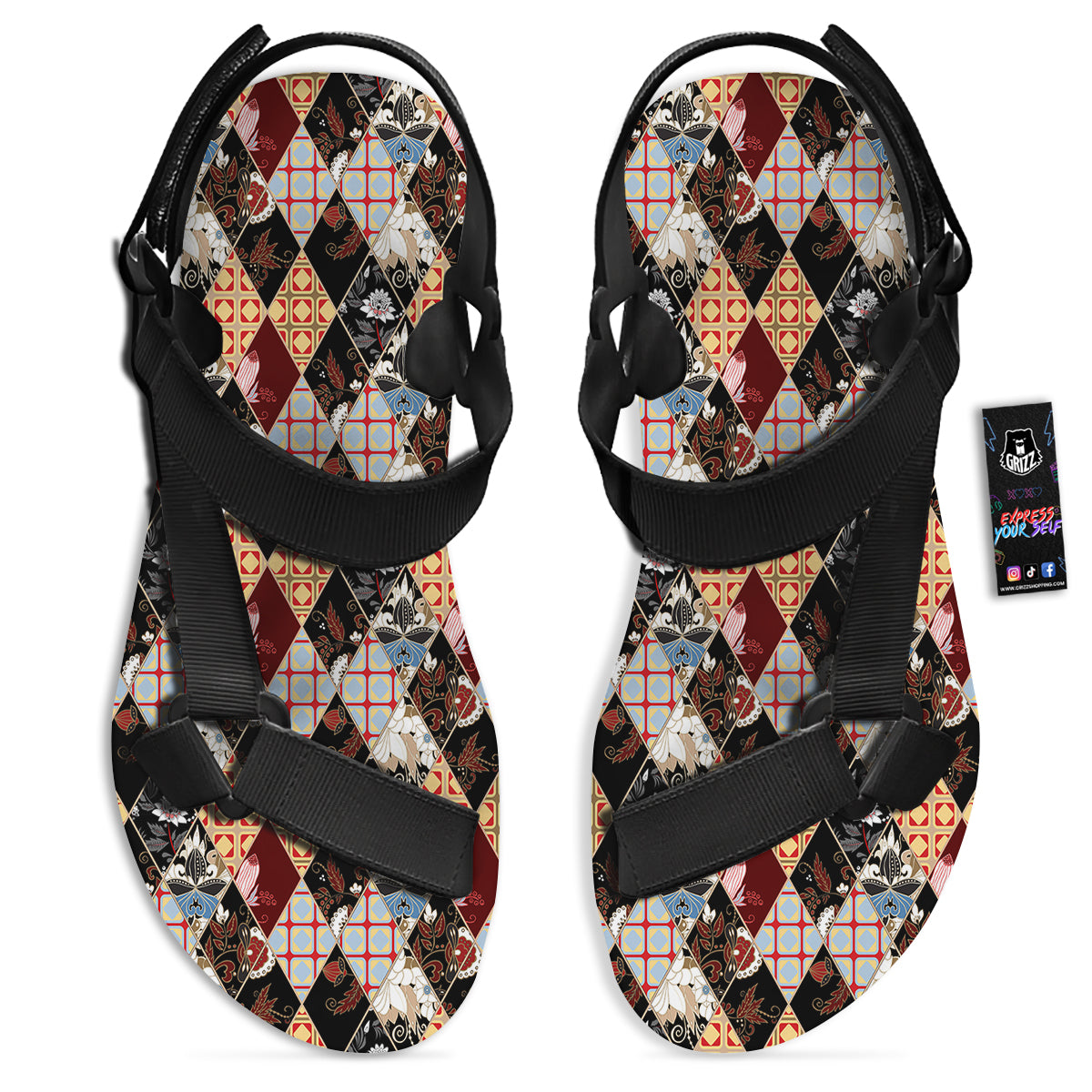 Abstract Patchwork Floral Print Pattern Black Open Toe Sandals-grizzshop
