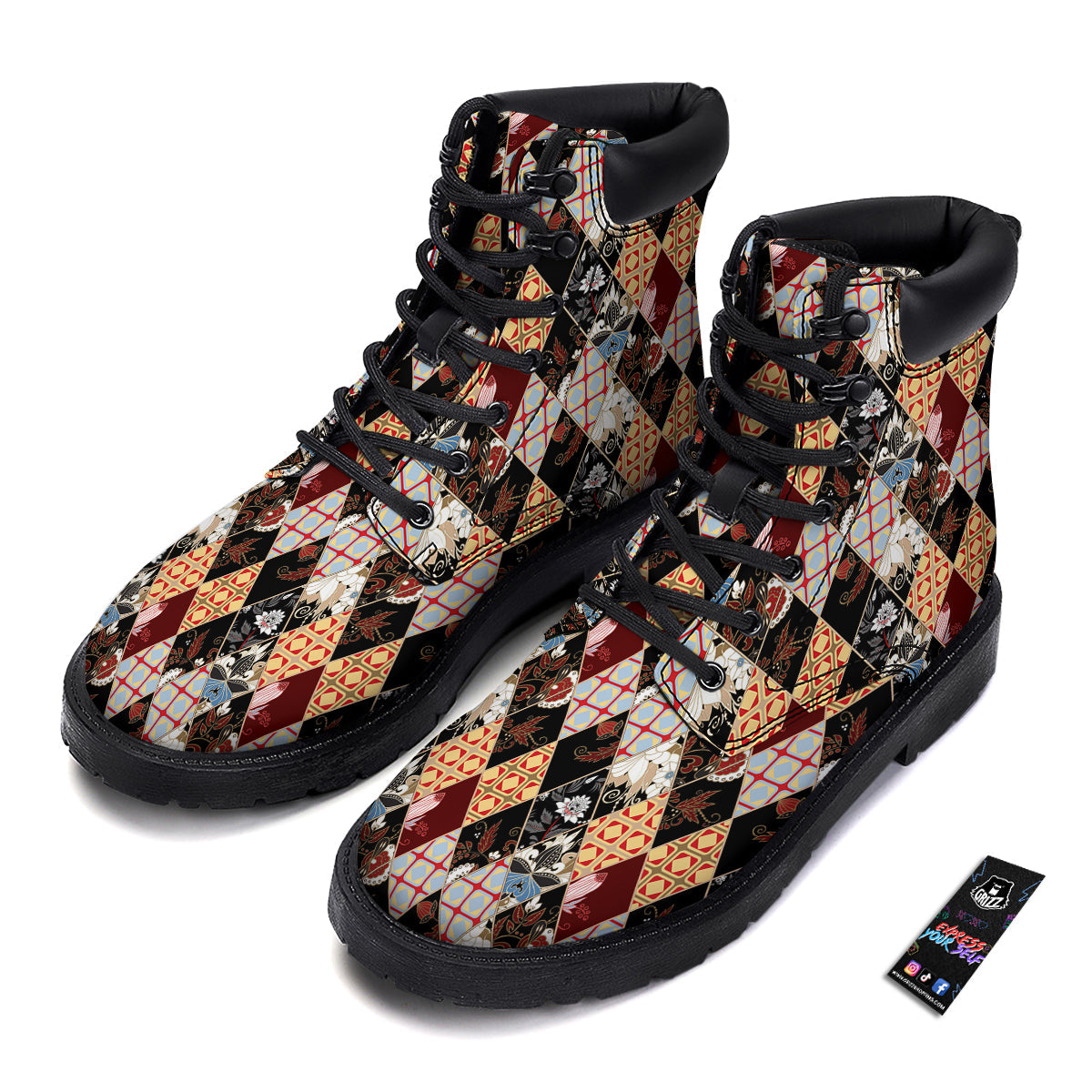 Abstract Patchwork Floral Print Pattern Boots-grizzshop