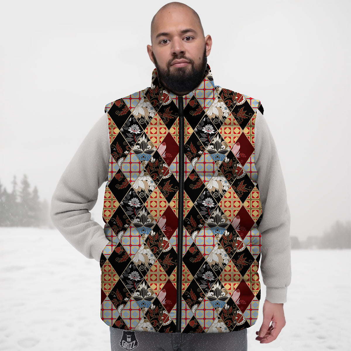 Abstract Patchwork Floral Print Pattern Down Vest
