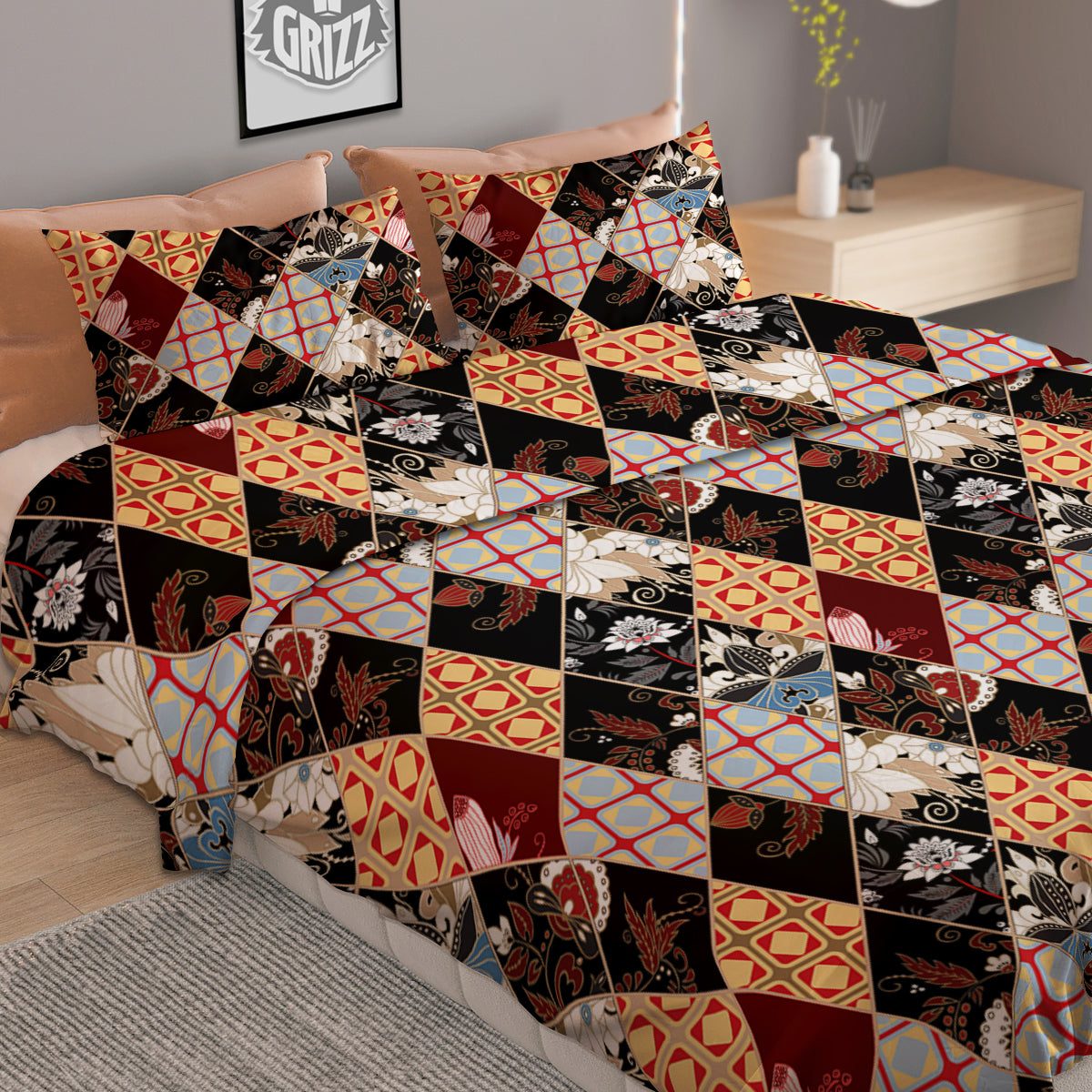 Abstract Patchwork Floral Print Pattern Duvet Cover Bedding Set