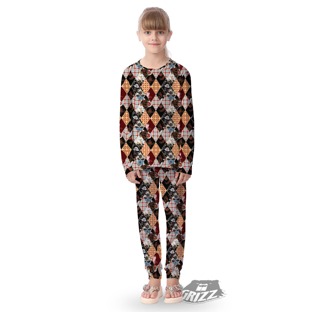 Abstract Patchwork Floral Print Pattern Kid's Pajamas-grizzshop
