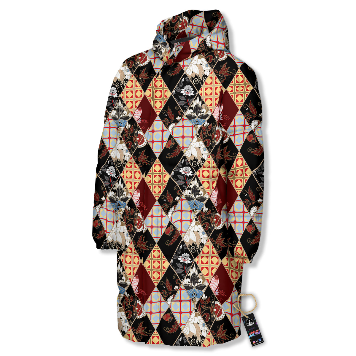 Abstract Patchwork Floral Print Pattern Long Down Jacket-grizzshop