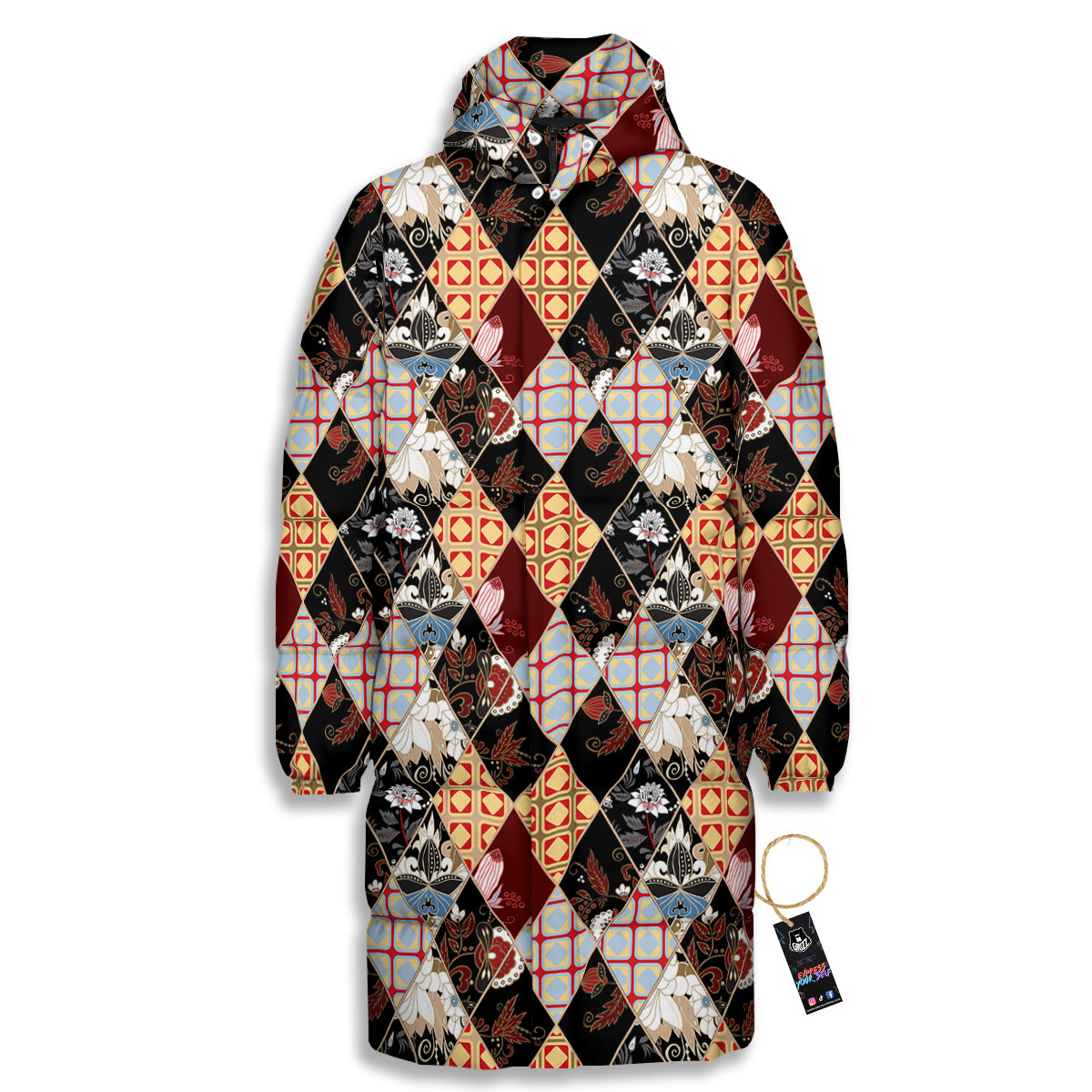 Abstract Patchwork Floral Print Pattern Long Down Jacket-grizzshop