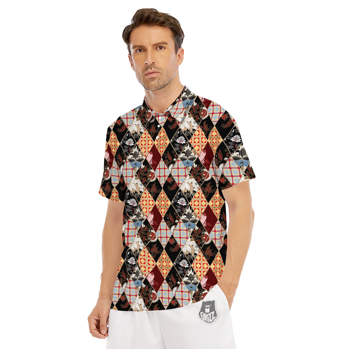 Abstract Patchwork Floral Print Pattern Men's Golf Shirts-grizzshop