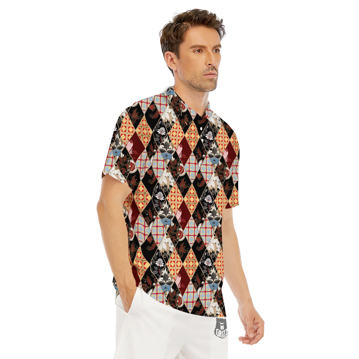 Abstract Patchwork Floral Print Pattern Men's Golf Shirts-grizzshop