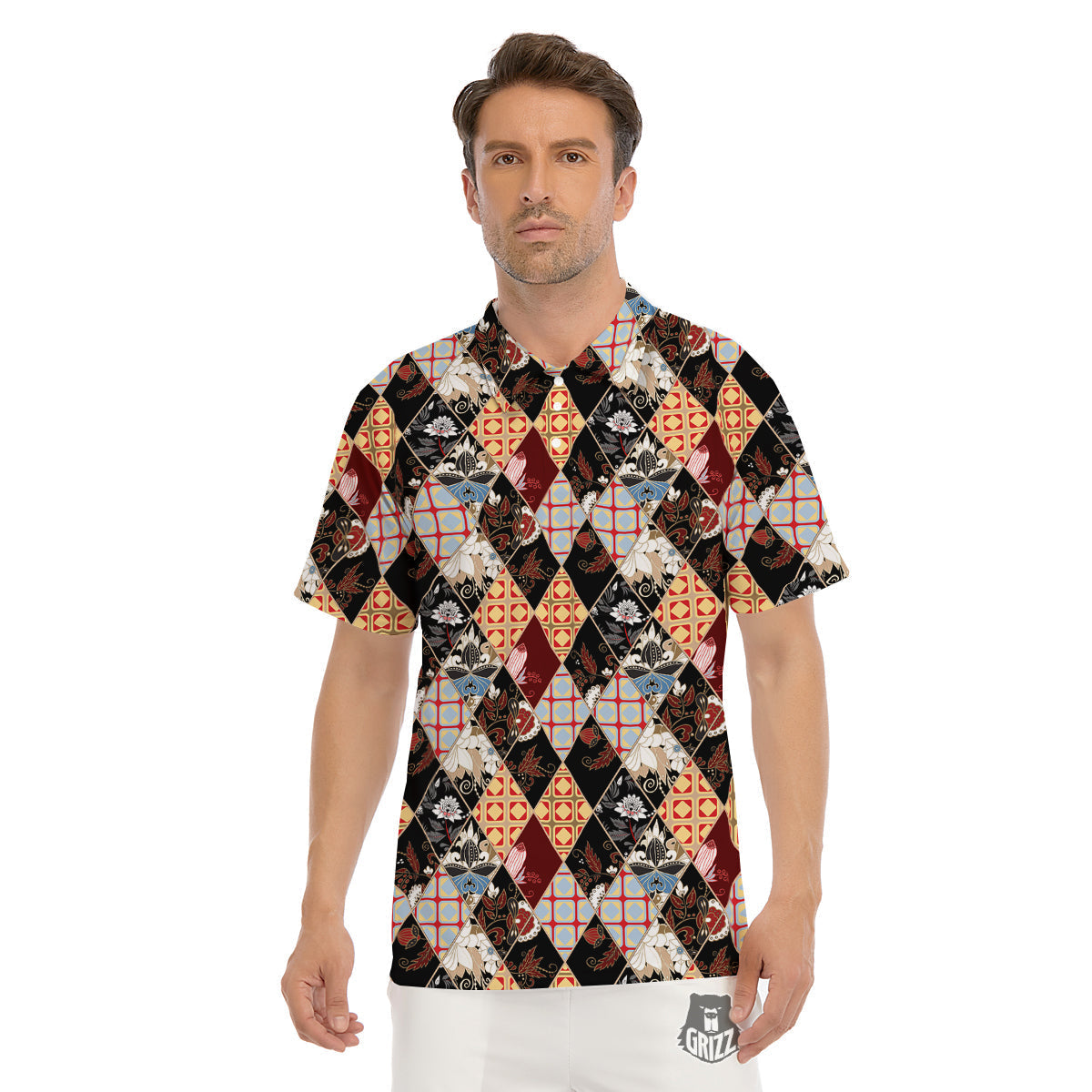 Abstract Patchwork Floral Print Pattern Men's Golf Shirts-grizzshop