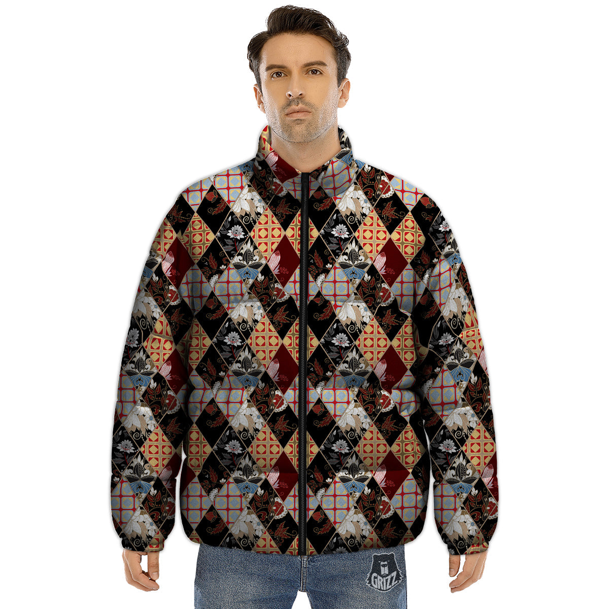 Abstract Patchwork Floral Print Pattern Puffer Jacket-grizzshop