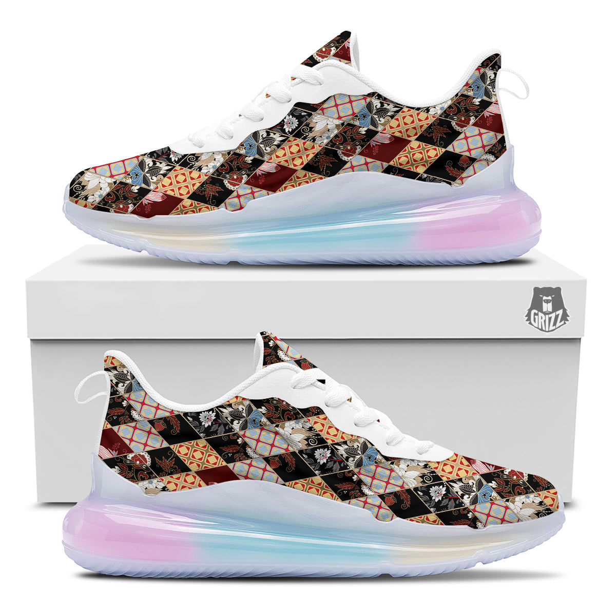 Abstract Patchwork Floral Print Pattern Running Sneakers-grizzshop